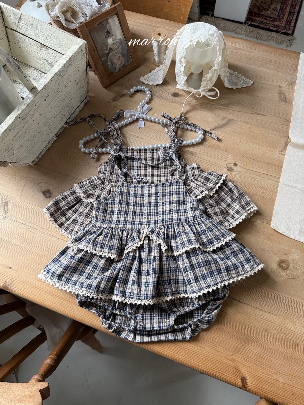 Check Tiered Romper-MARRON-7