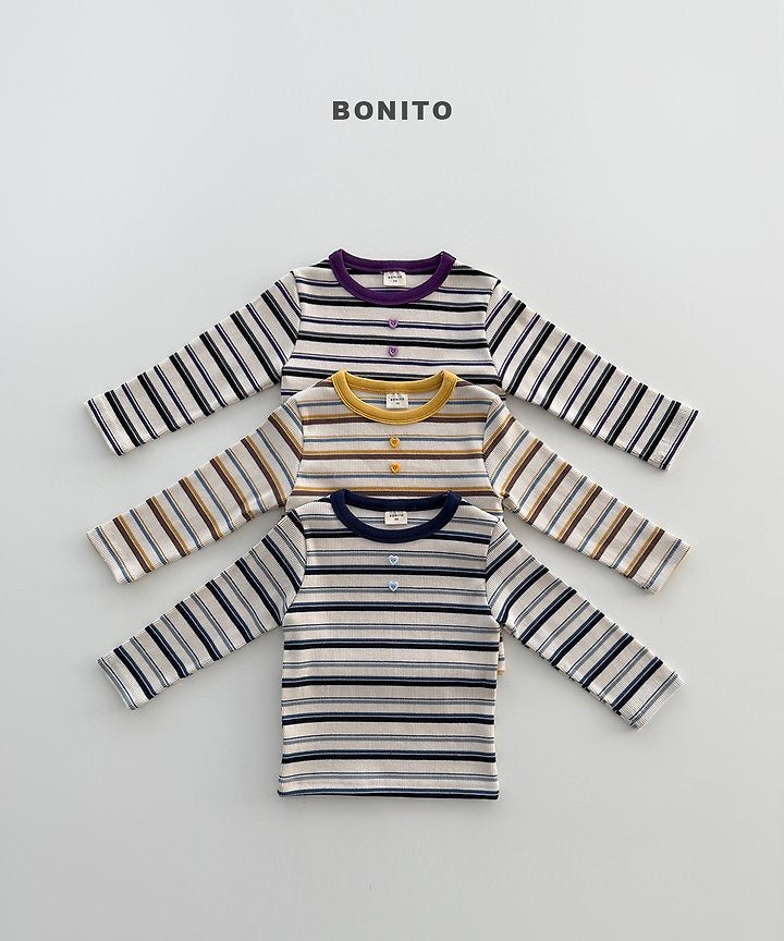 Heart Button Stripe Tee - BONITO - 012