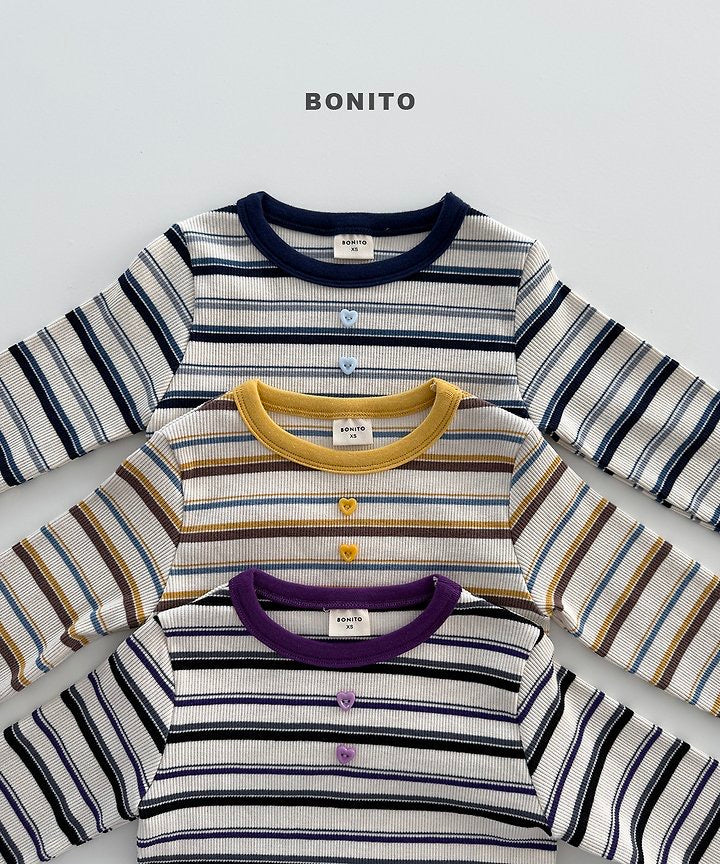 Heart Button Stripe Tee - BONITO - 012