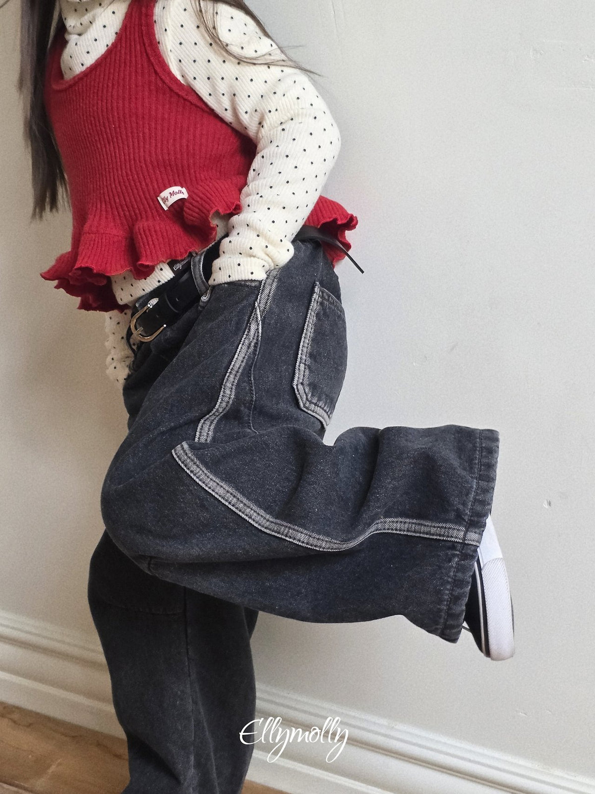 Linework Fleece-Lined Denim Pants-ellymolly-57